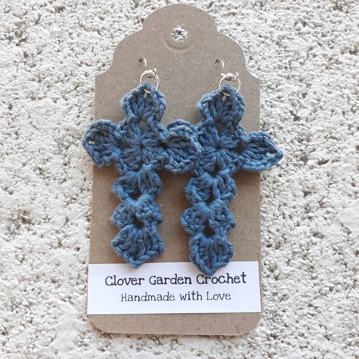 Clover Garden Crafts - Wholesale Dangle Earrings - Crochet Christian Cross Design Cotton Drop Earrings