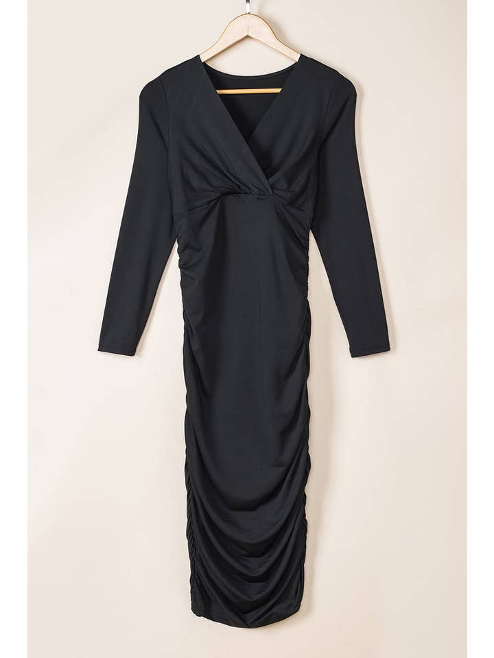 Black Solid Ruched Wrap V-Neck Midi Dress for wholesale on Faire5