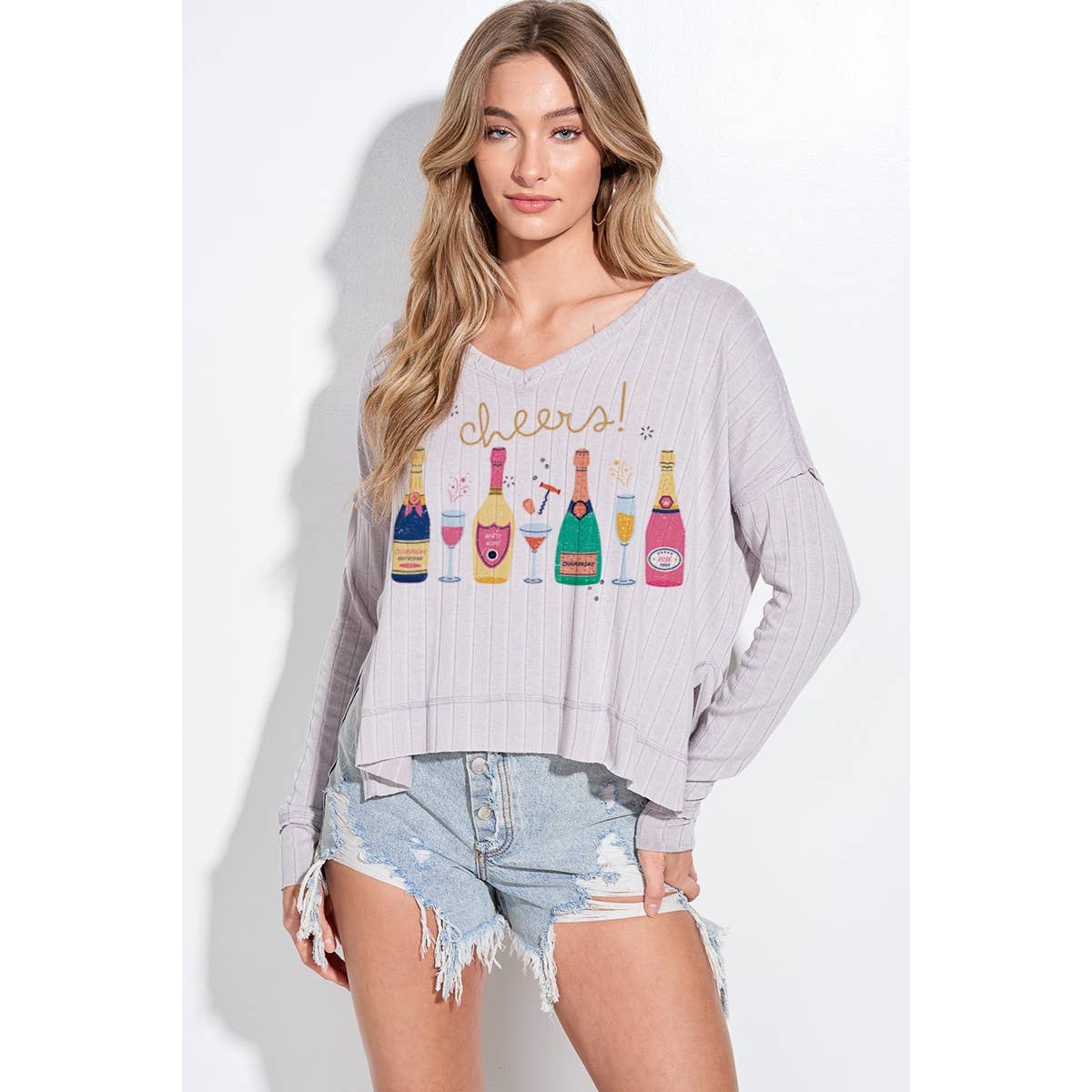 Phil Love – Großhandel T-Shirt mit Siebdruck – Damen – Feiertags-Champagnerflaschen-Langarmshirt mit V-Ausschnitt 9