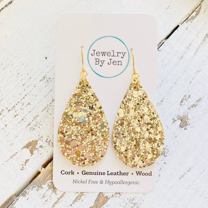 Jewelry By Jen - Wholesale Dangle Earrings - Medium Teardrop Earrings: Chunky Gold Glitter