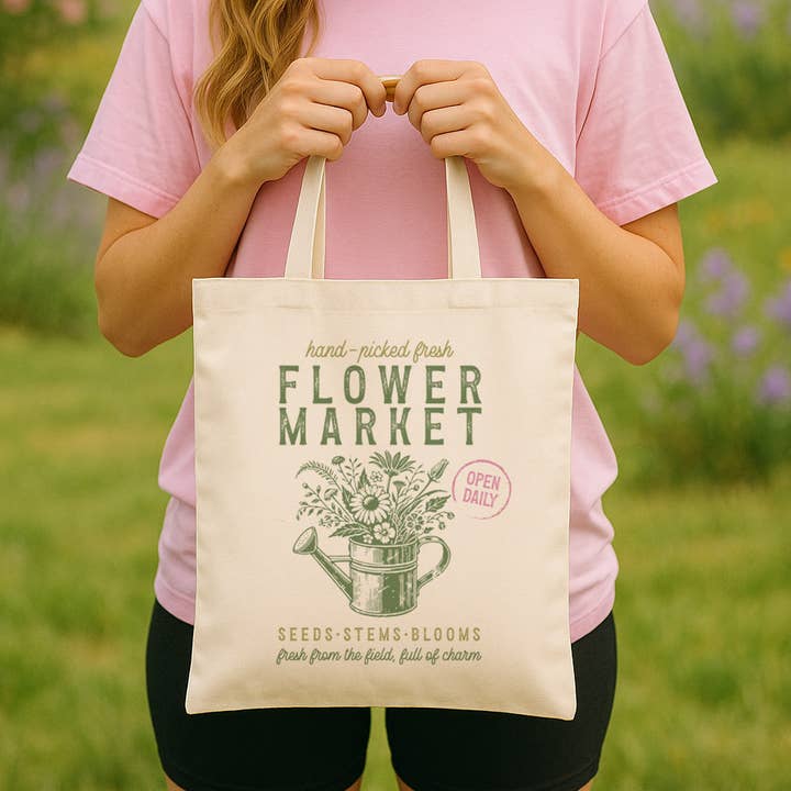 Canvas boodschappentas met bloemenmarkt-opdruk voor wholesale door DaisyChainDesignCo