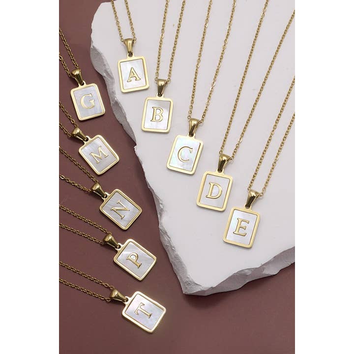 JOSSLYN by wall to wall - Wholesale Pendant/Charm Necklace - MOP INITIAL STAINLESS STEEL TARNISH FREE NECKLACE | 40NK3146