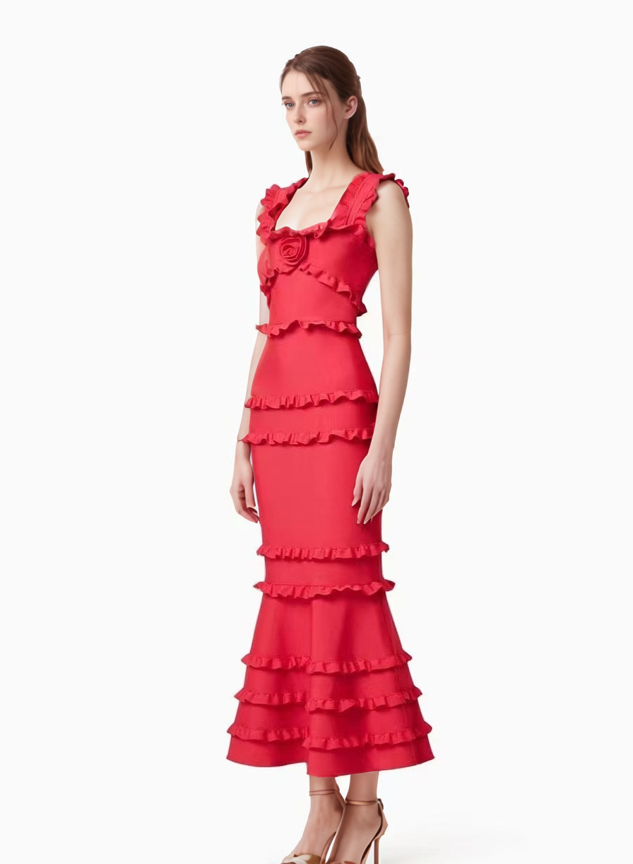 Sanyao Fashion – Vestido comprido - Mulher por atacado – Vestido de Cauda de Sereia com Camadas e Folhos SY497 para Noite de Verão5