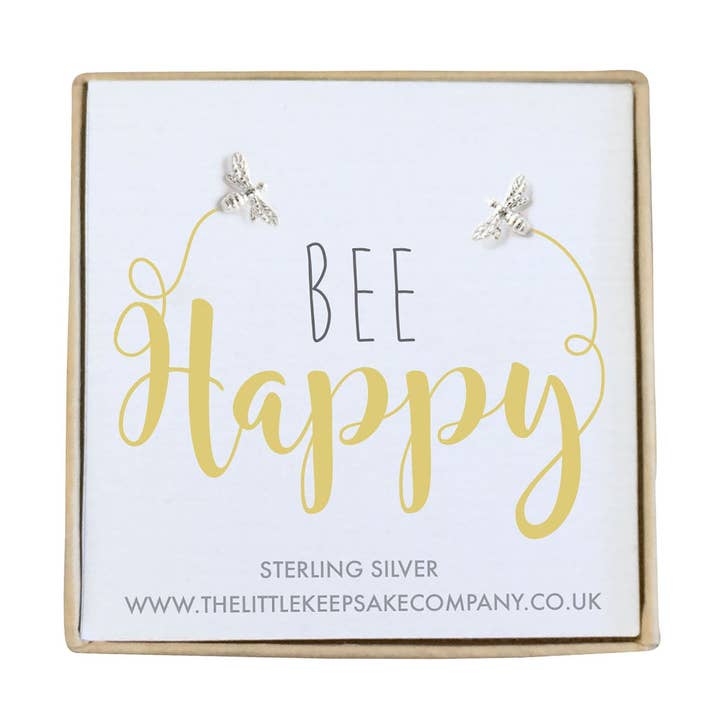 Boucles d'oreilles avec citation en argent sterling - Bee Happy pour la vente par The Little Keepsake Company