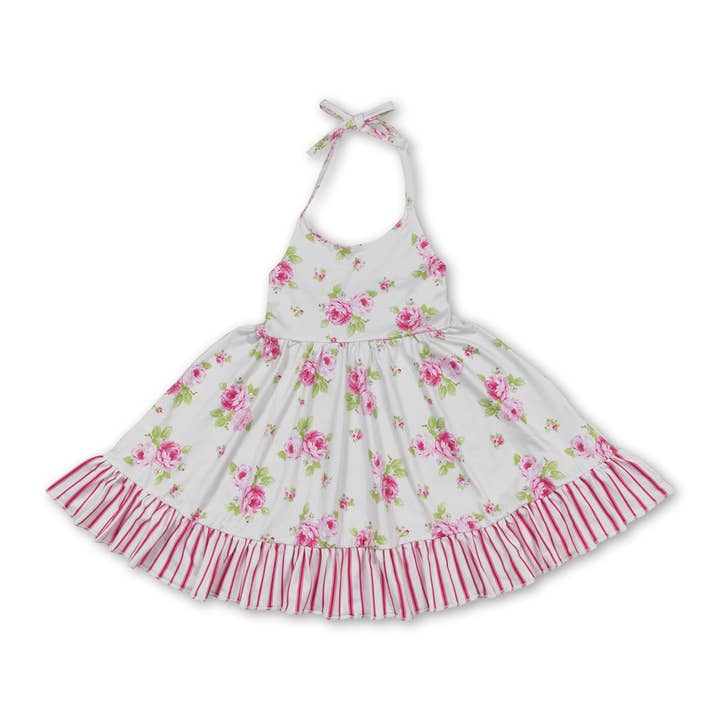 Yawoo Garments - Wholesale Dress - Kids - Pink floral stripe girls summer halter dresses