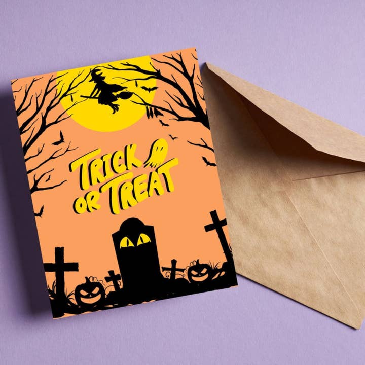 Trick Or Treat Creepy Cemetery Halloween Greeting Card for wholesale by Feira Pop