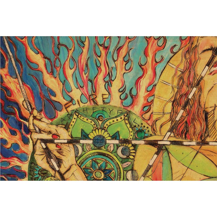Carte postale en couleur Tarot « Wands/Fire » imprimée sur bois d'érable pour la vente par Zenbunnyland