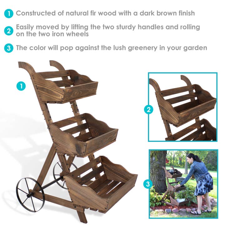 Sunnydaze Decor - Wholesale Planter Box - 39.25 in 3-Tier Wood Rolling Planter Box with Wheels - Brown