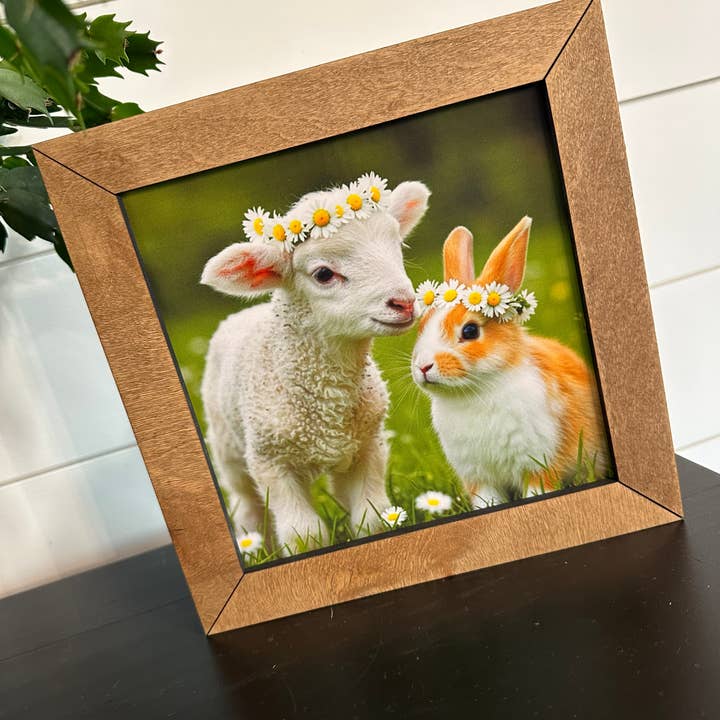 8.5” Framed Lamb & Bunny with Daisy Crowns for wholesale by Farmhouse Decor & Co.
