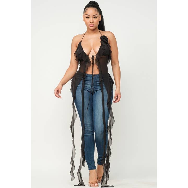 MESH FLÆSEBLOUSE MED BINDESNOR FORAN - 95% Polyester for engroshandel hos Black Pearl Clothing