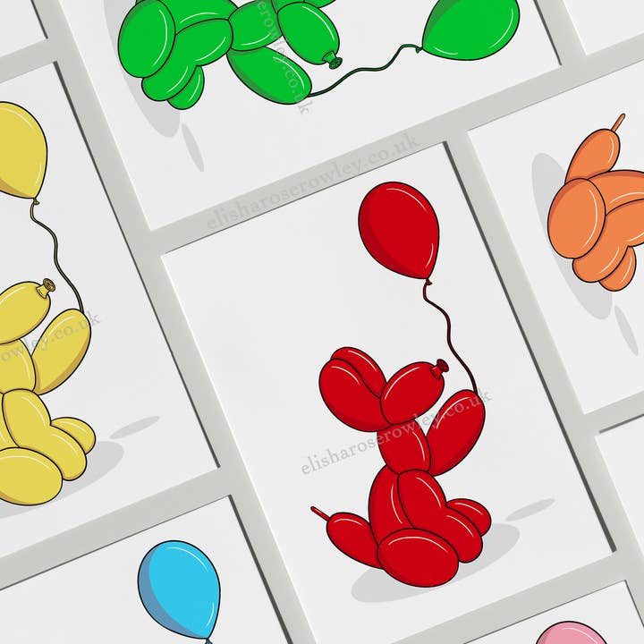 Balloon Dog's Balloon, Birthday/Every-Day Greeting Card A5, 7 Colours for wholesale by Elisha-Rose Rowley Art and Designs