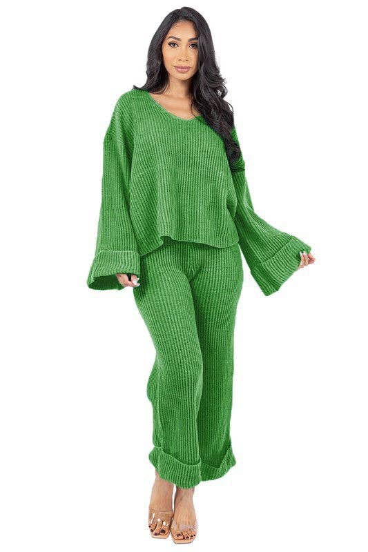 Green WOMEN FASHION 2PCS SWEATER PANTS SET for wholesale on Faire1