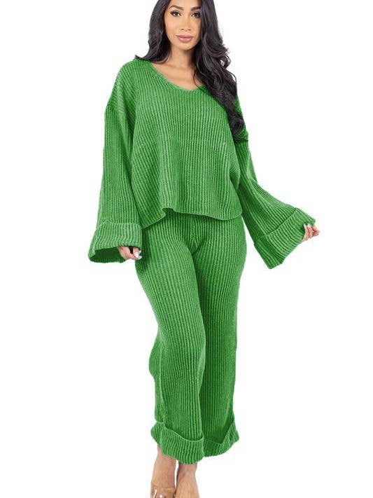 Green WOMEN FASHION 2PCS SWEATER PANTS SET for wholesale on Faire1