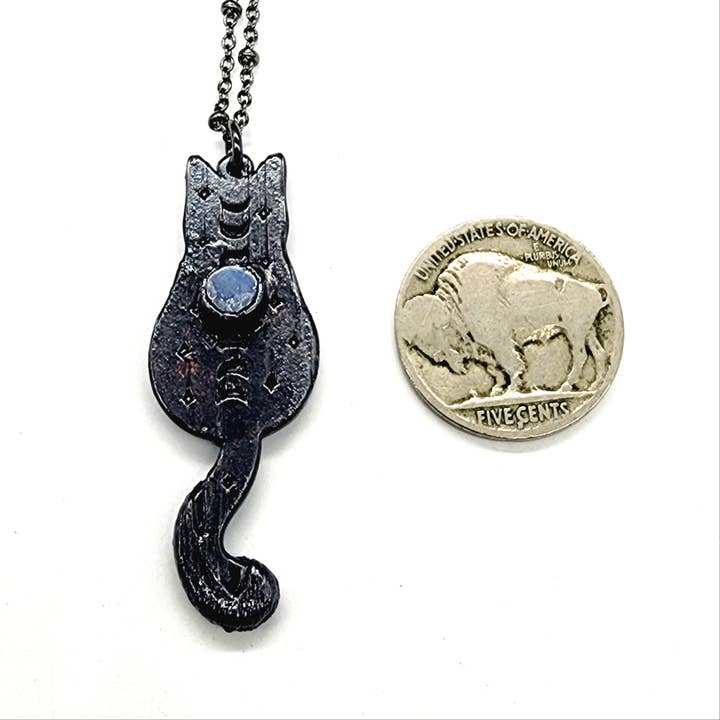 MergingMetals - Vendita all'ingrosso Collana con ciondolo/pendaglio - Collana Moonstone Black Cat Moon Phase//Elettroformata