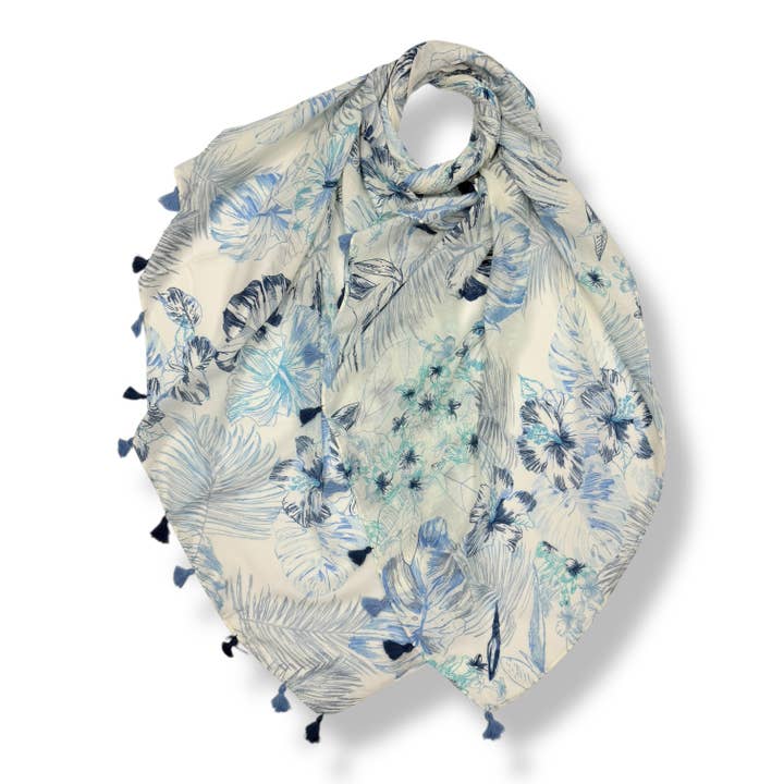 Schal mit tropischem Blatt- und Blumenmuster und Quasten für den Großhandel von London Scarves