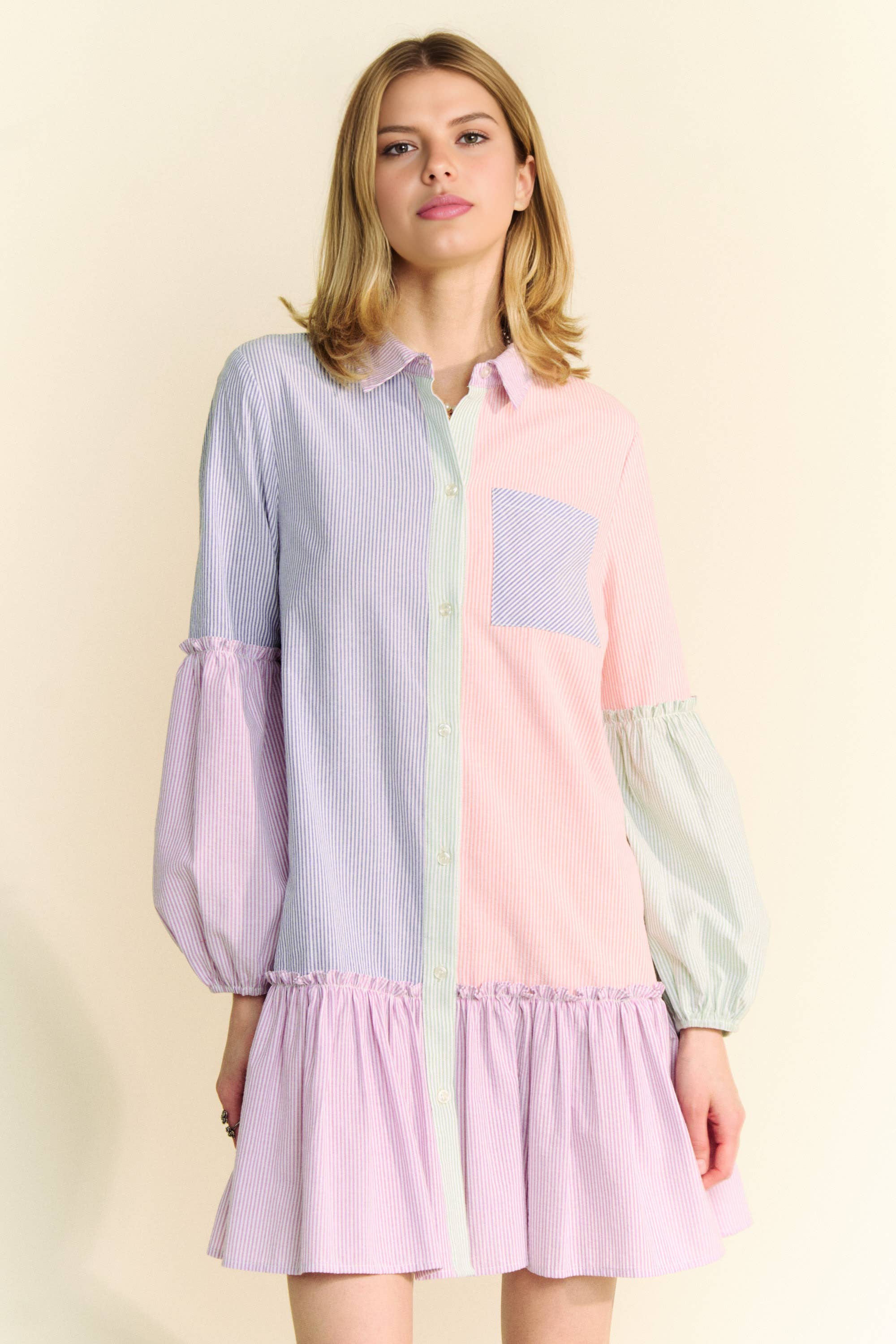 MULTI STRIPE COLOR BLOCK WAIST BALLOON SHIRT DRESS for wholesale on Faire2