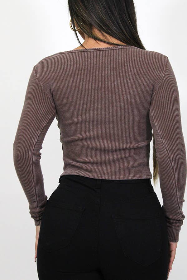 Junie – Top de malha - Mulher por atacado – TOP DE MANGA COMPRIDA LAVADO COM CORTE CF EM2411-A19