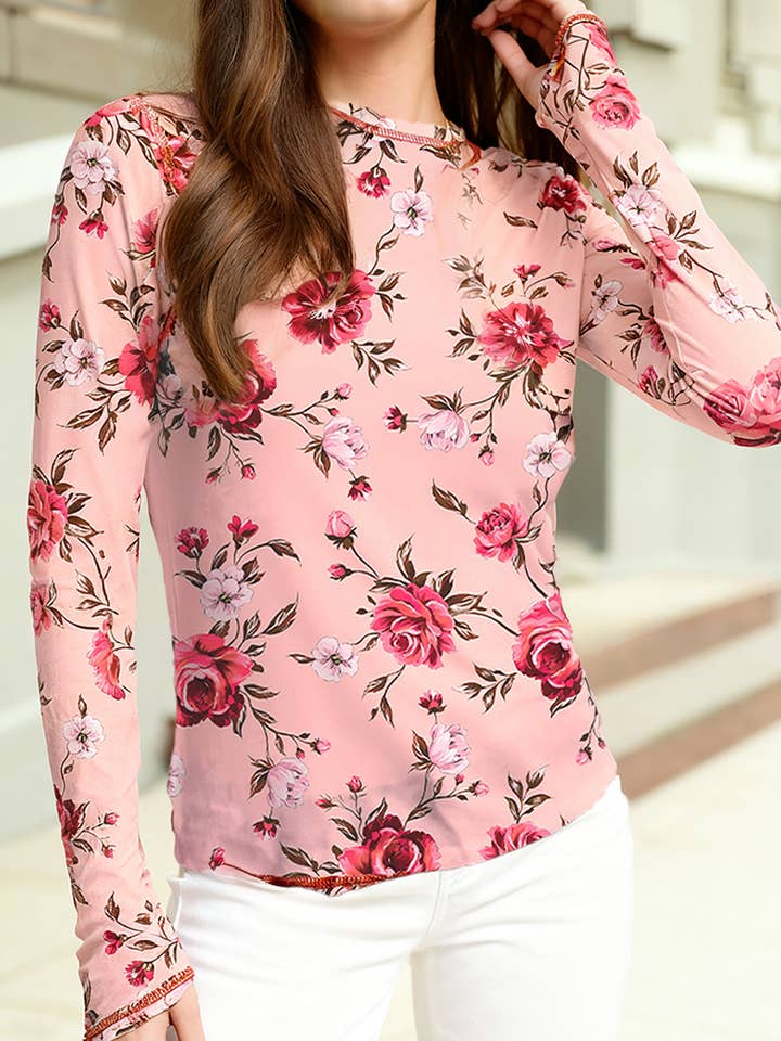 Floral Print Exposed Seam Detail Mesh Long Sleeve Top for wholesale by 1 the Woman
