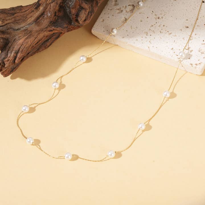 Collar largo de cadena fina dorada adornado con perlas para venta al por mayor de JOYA