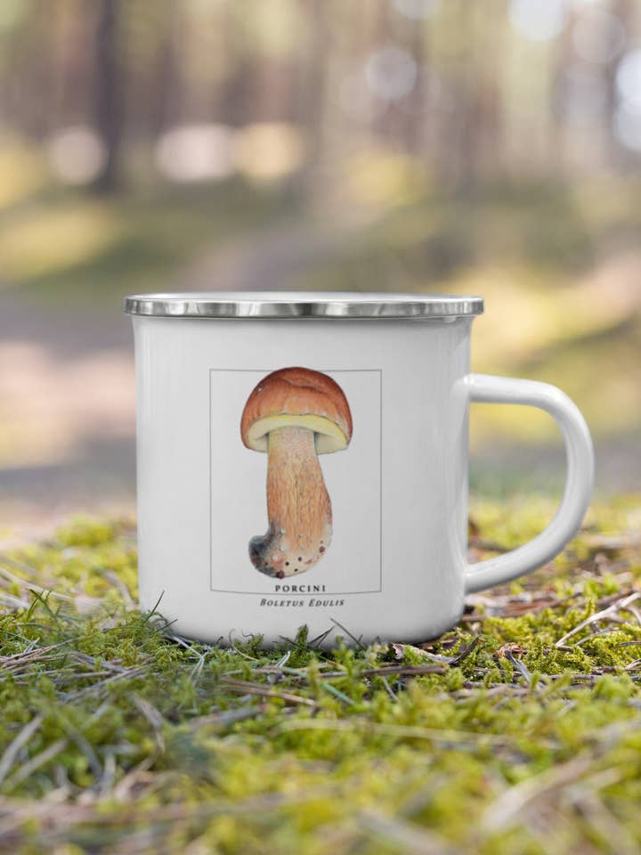 Bolete Mushroom Enamel Mug Porcini Camping Mug for wholesale by Sword Fern Studios