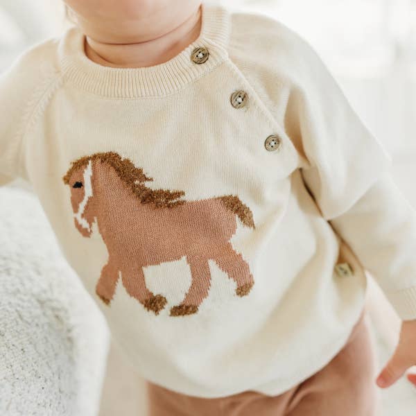 Natural Horse Jacquard Sweater Knit Baby Pullover (Organic Cotton) for wholesale on Faire4