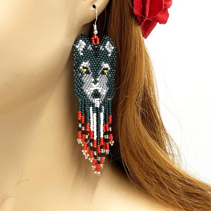 BEADS CORNER - Wholesale Dangle Earrings - Handmade Beaded Green Wolf Seed Bead Big Earrings1