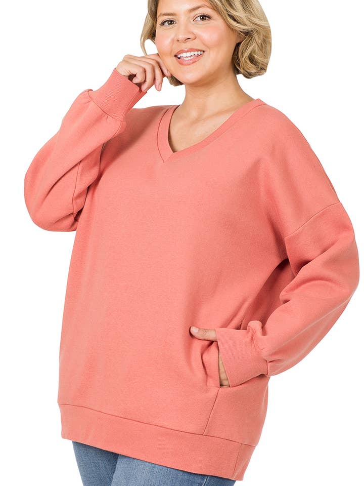 42POPS - Wholesale Sweatshirt - Women's - ...SI-21904 PLUS SIZE LONG SLEEVE V-NECK SWEATSHIRT WITH SIDE