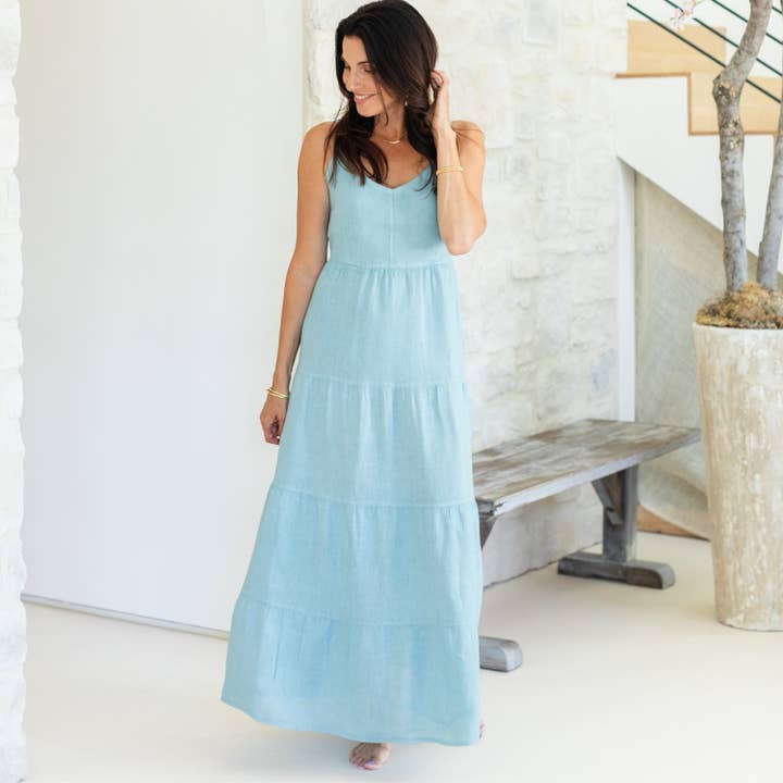 Splendid Iris Threads - Wholesale Dress - Women's - Linen Long Tiered Spaghetti Strap Dress10