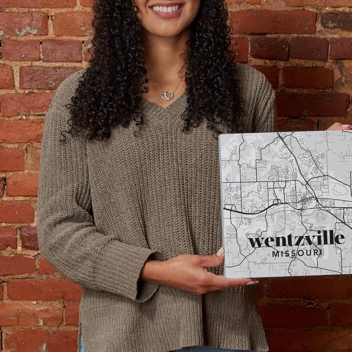 10x10 Wood Block-Black & White Minimalistic Wentzville Missouri Map for wholesale on Faire
