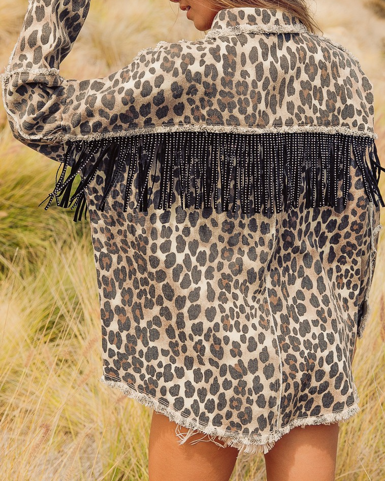 leopard fringed washed oversized denim jacket for wholesale on Faire5