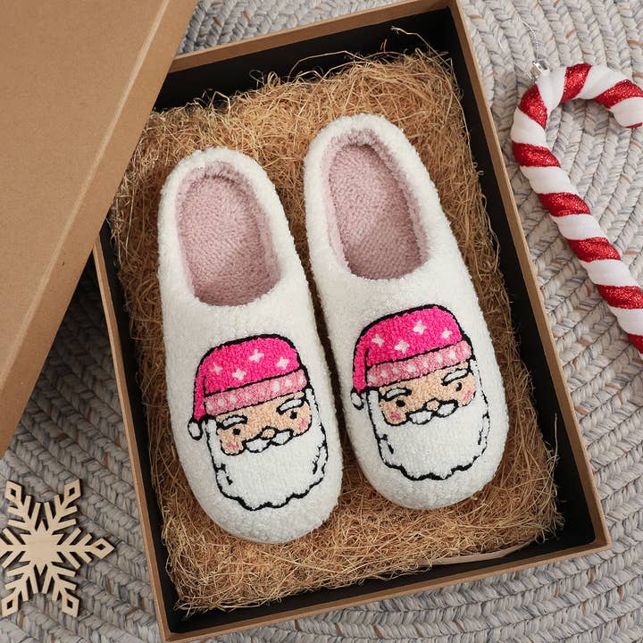 White Holiday Christmas Pink Santa Claus Plush Home Slippers for wholesale on Faire
