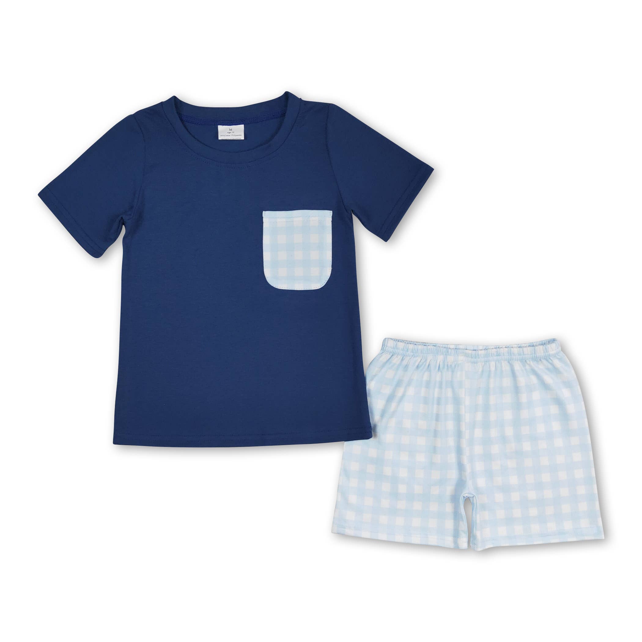 Yawoo Garments - Wholesale Top & Short Set - Kids - Blue pocket top plaid shorts boys summer outfits0