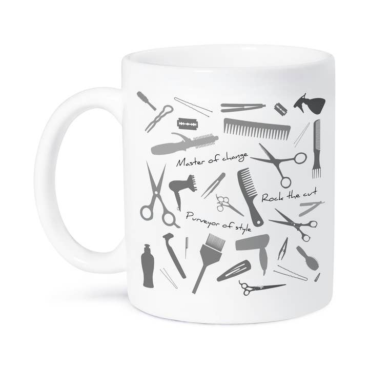 3dRose - Wholesale Coffee Mug - 3dRose, Barber, master of change. Grey stylist appliances, text, on white, Mug8