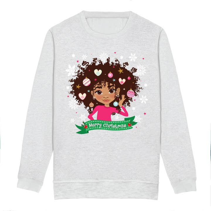 Fefus Designs - Wholesale Sweatshirt - Kids - Brown Girl Afro Princess Christmas Sweatshirt - Afrocentric Holiday Sweater for Kids | Fefus Designs1