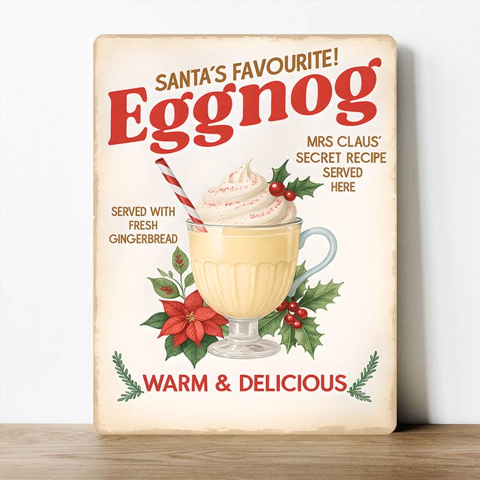 Placa Metálica de Cozinha de Natal com Receita de Gemada Favorita do Pai Natal por atacado de The British Metal Signs Company