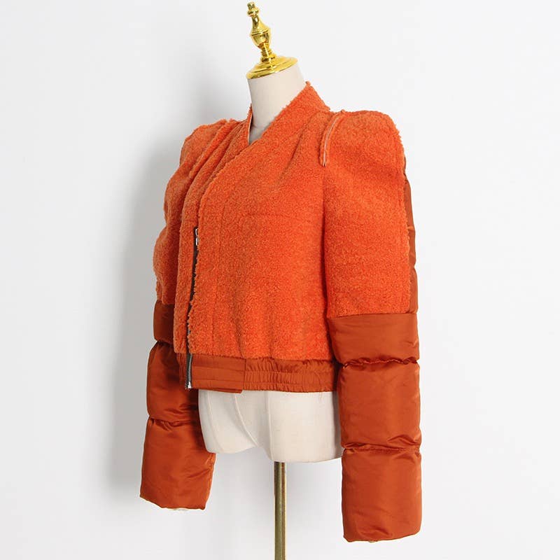 Alaranjado Jaqueta Puffer com Pelúcia e Ombreiras Feminina JK004 para venda a revendedores na Faire7