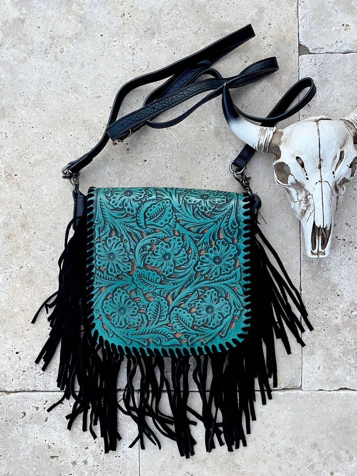 THE LEXIE CROSSBODY - TURQUOISE/ BLACK - Laser Cut Purse for wholesale by Boho Ranch Shop