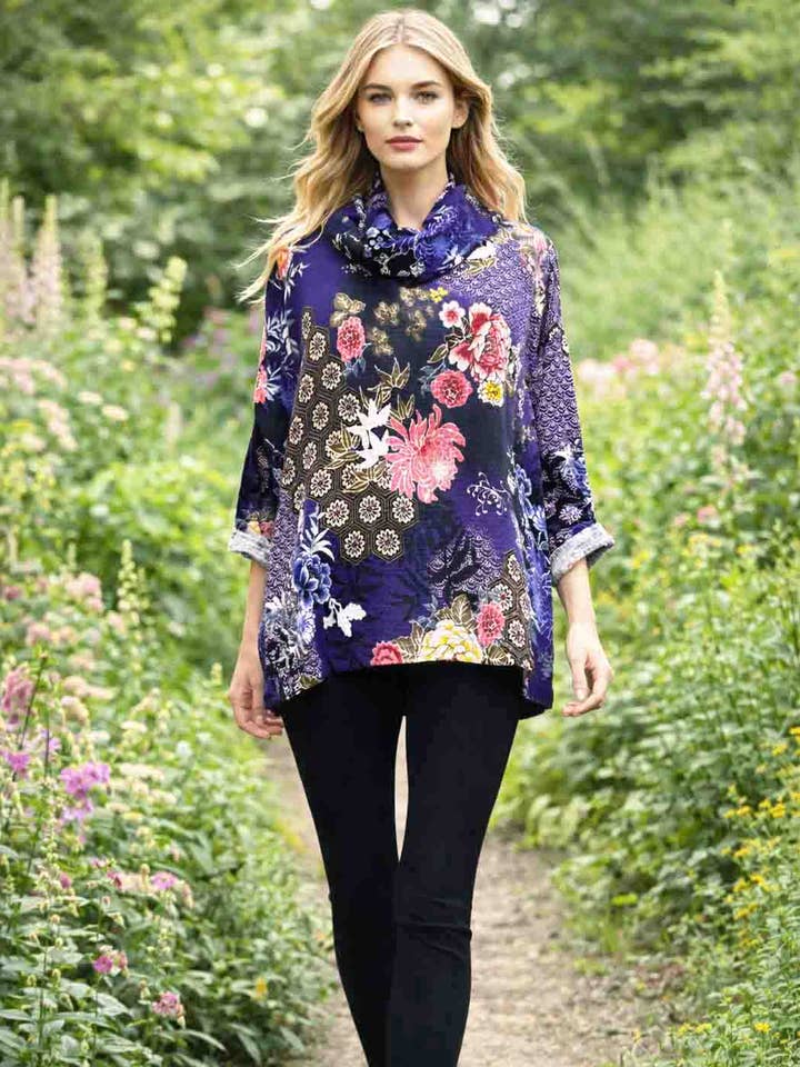 Tianello print "Calligraphy" CUPRO™ "Window Pane" L.S. Cowl Blouse- XS-M - L -2X - 3X (Copy) for wholesale by Tianello