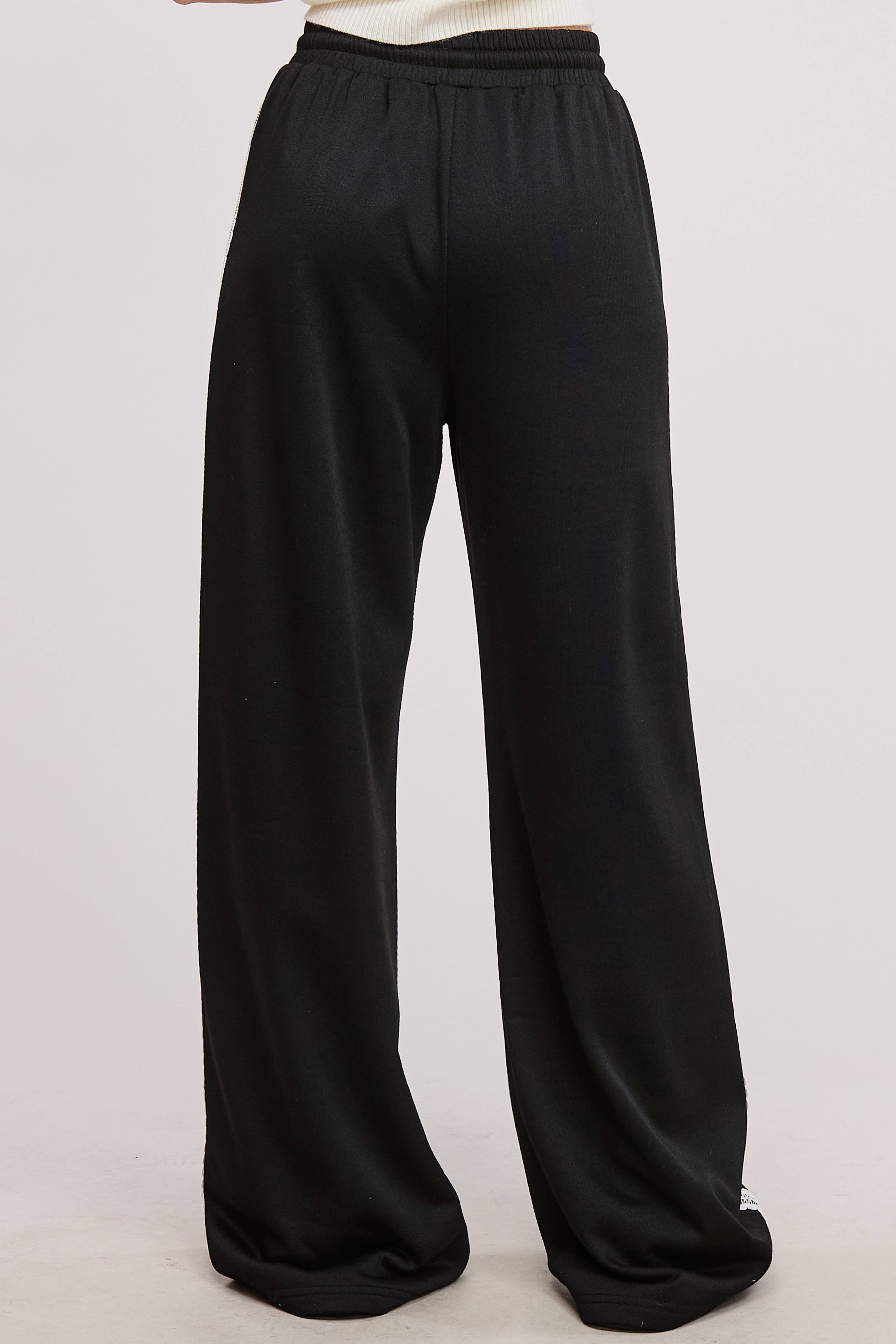 Black Lace Trim Wide Leg Track Pants with Drawstring Waist for wholesale on Faire17