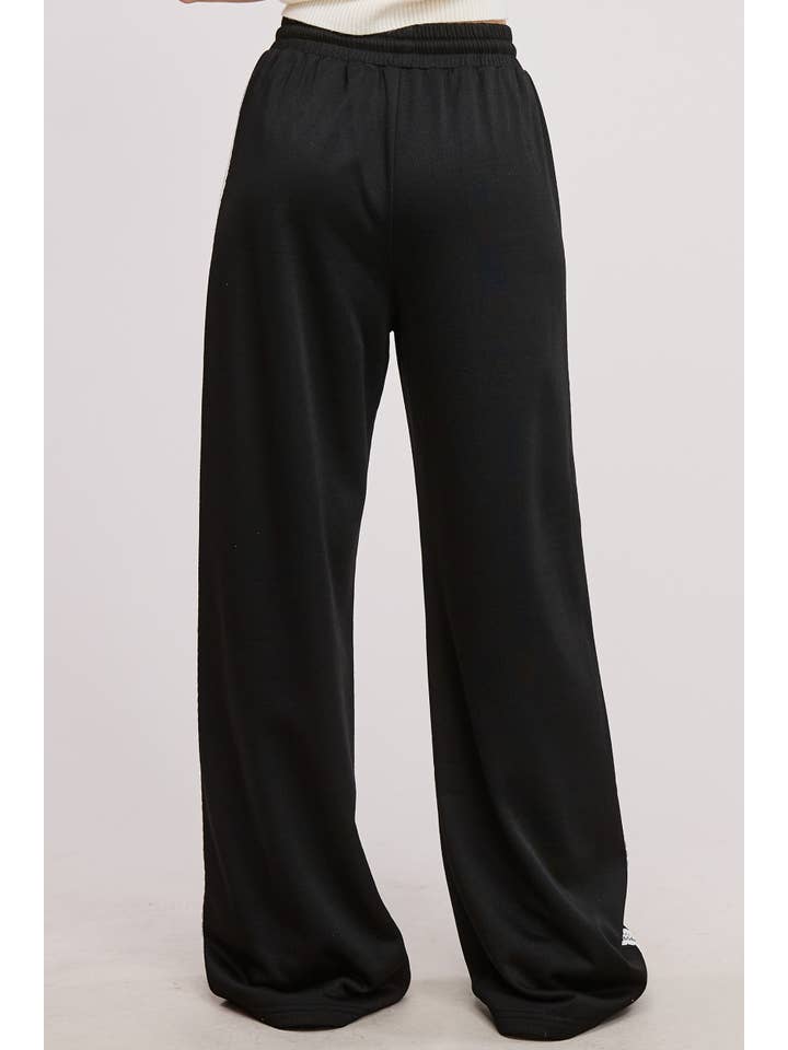 Black Lace Trim Wide Leg Track Pants with Drawstring Waist for wholesale on Faire17