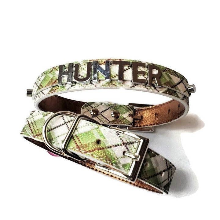 Personalized Pet Collar Green Retro Plaid for wholesale by House of FurBaby