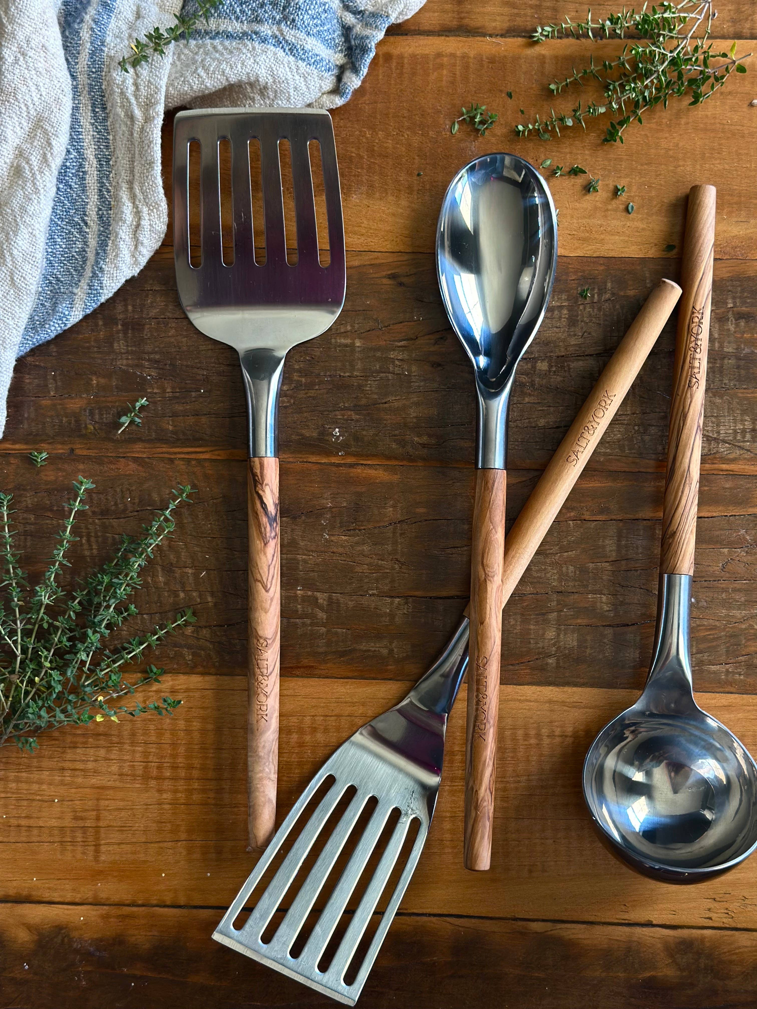 Salt & York - Wholesale Kitchen Utensil Set - 4 Piece Olive Wood or Walnut Wood Handle Utensil Set with St1