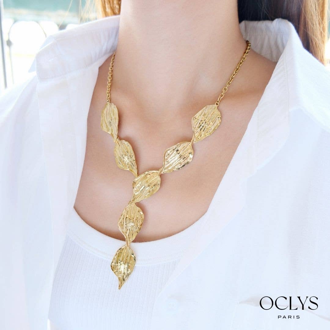 Oclys - Wholesale Y-Neck/Lariat Necklace - Nina gold stainless steel leaf necklace0