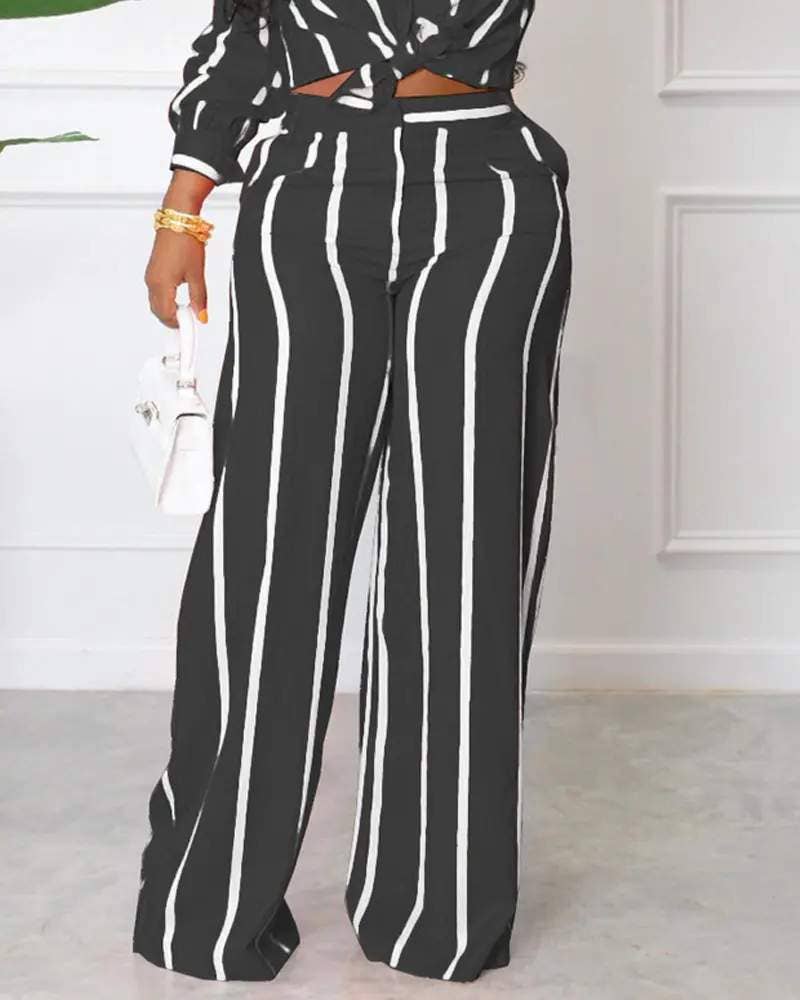 Fashion Combination - Wholesale Top & Skirt Set - Women's - striped long sleeve button down shirt pants set5