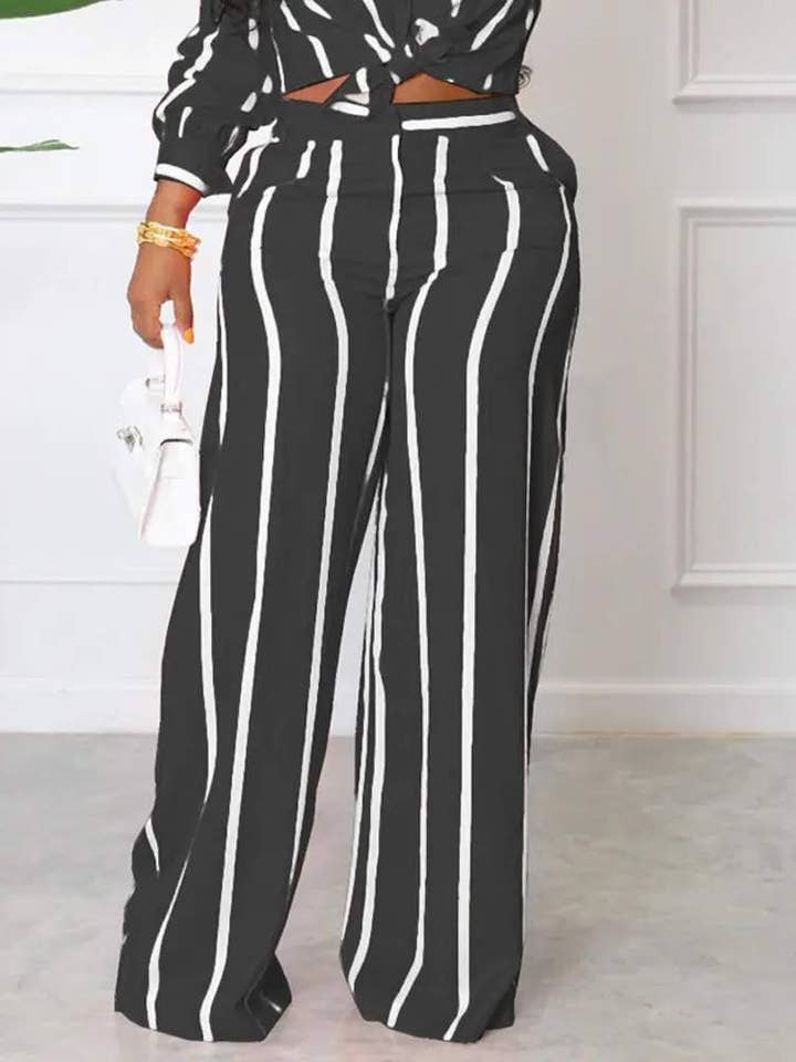 Fashion Combination - Wholesale Top & skirt set – Women's - striped long sleeve button down shirt pants set5