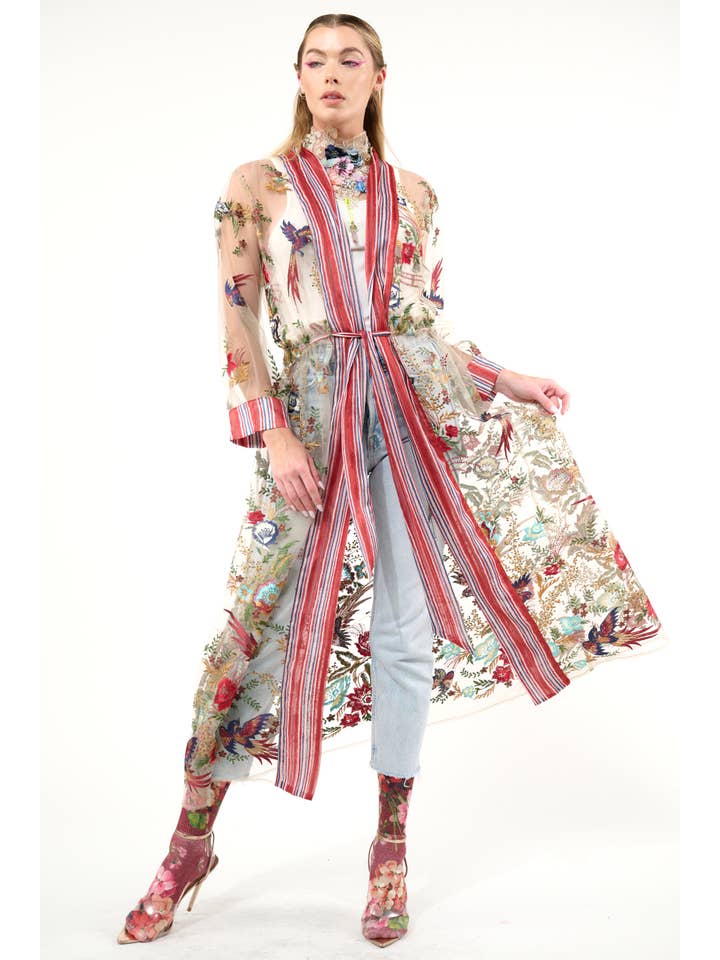 Red Stripe Emb Jade Embroidered Mesh Duster / Topper for wholesale on Faire