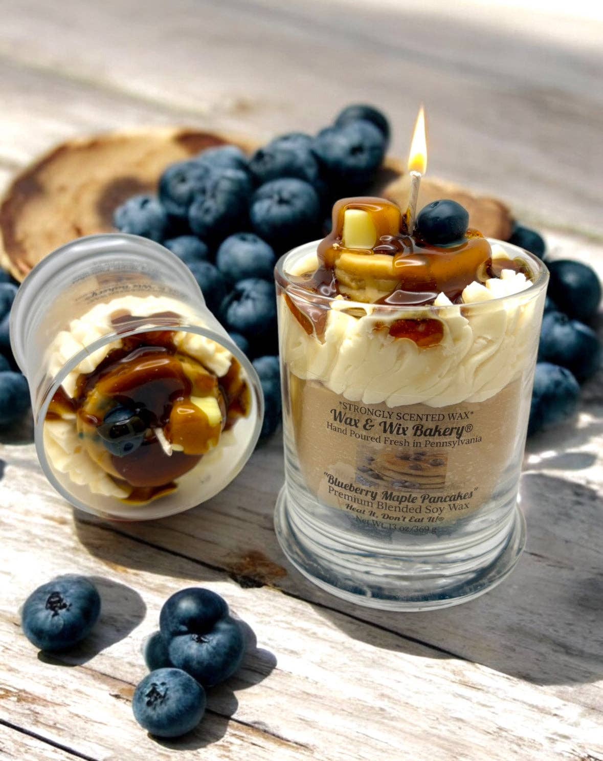 Wax and Wix Bakery® - Wholesale Jar/Filled Candle - Blueberry Maple Pancakes Candle. 13 oz. Large Dessert Candle