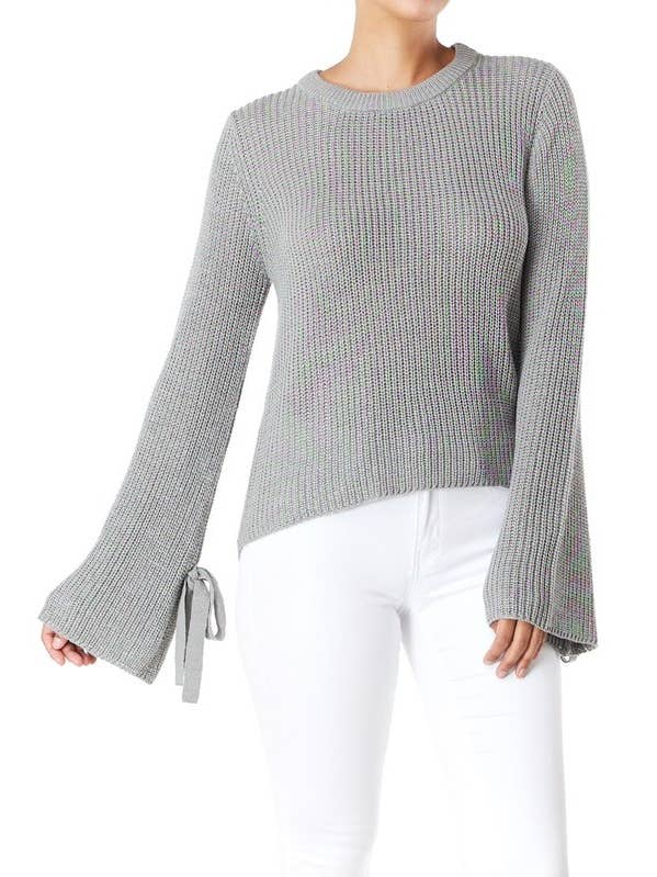 Mak - Wholesale Knit Sweater - Women's - Bow Bell Sleeve Waffle Knit Sweater Pullover MK82144
