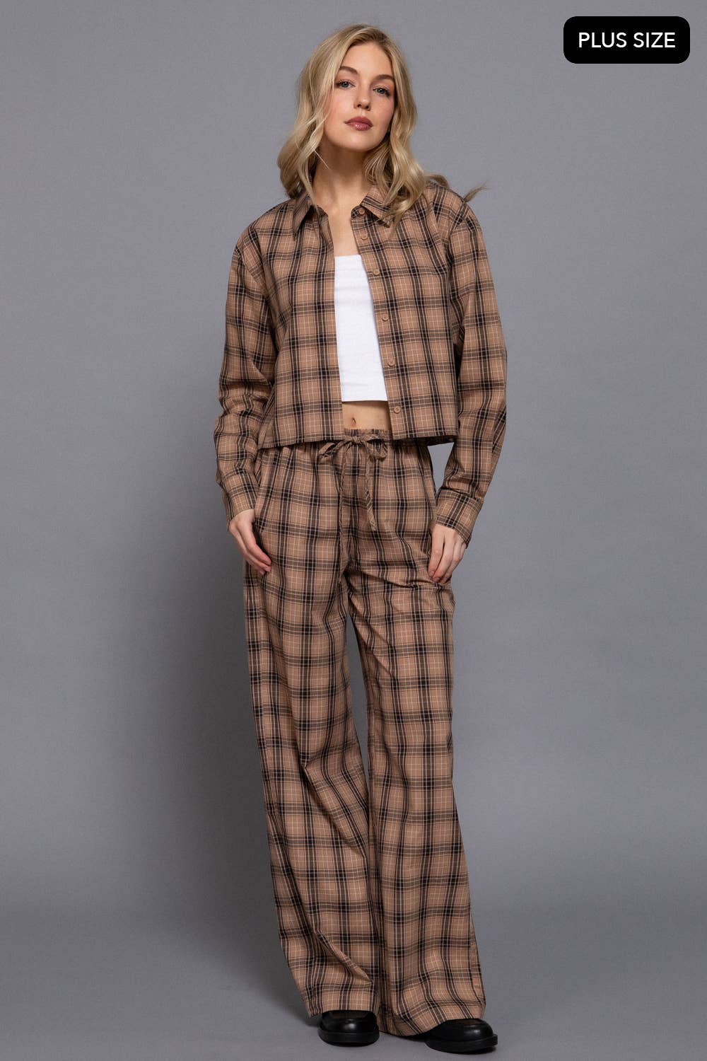 Active Basic | Active USA - Wholesale Pants - Women's - [PLUS SIZE] Wide Leg Plaid Woven Pants7