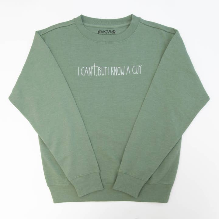Heather Sage I Know a Guy Embroidered Crewneck Sweatshirt for wholesale on Faire2